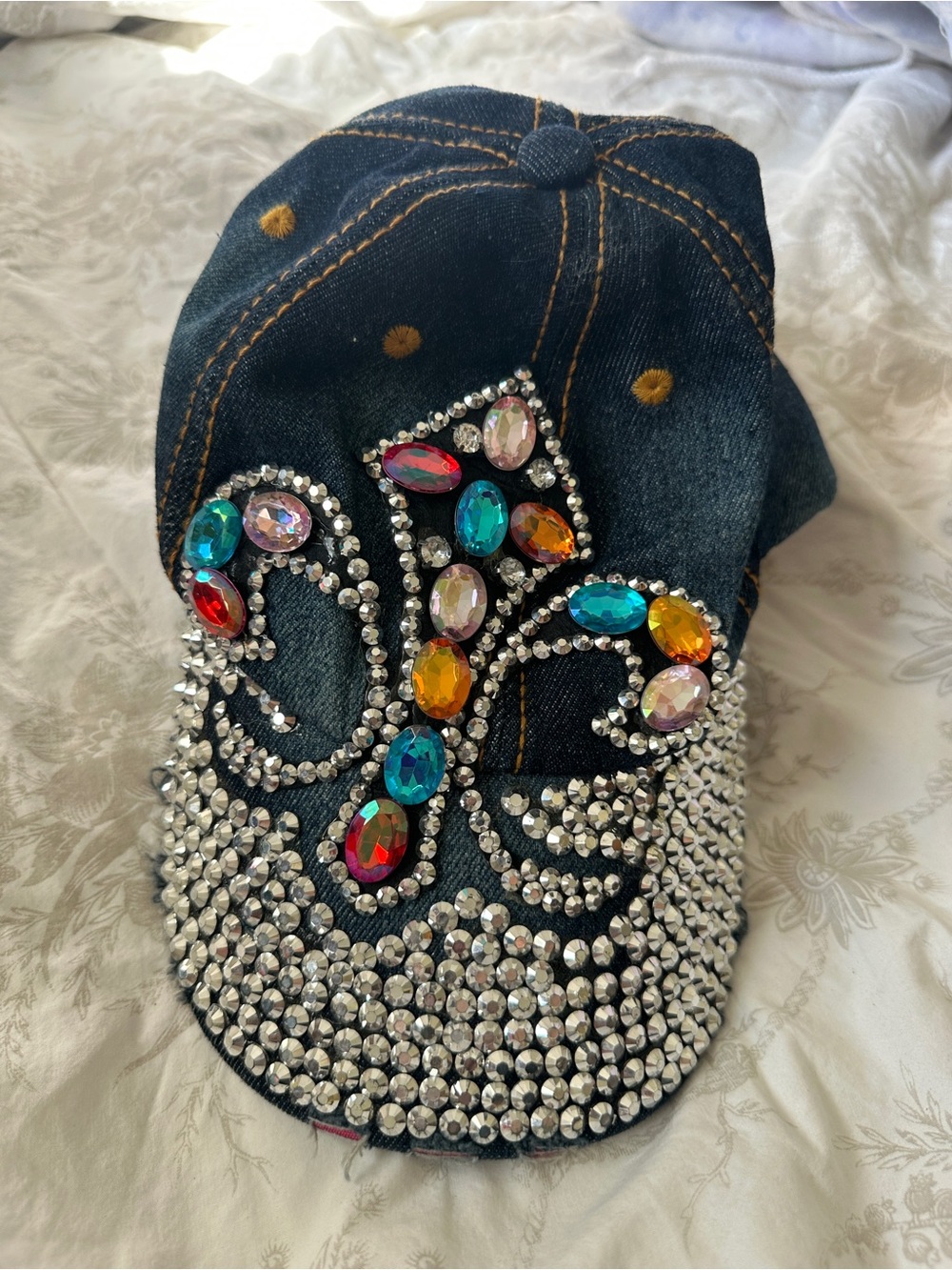 Denim Baseball Cap with Multicolor Gem Embellishments